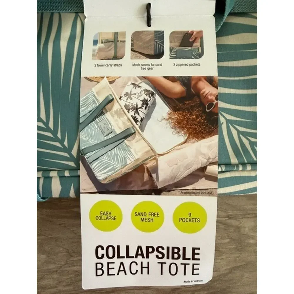 NWT Aloha Collection CleverMade Tropical Collapsible Beach Green Tote Bag